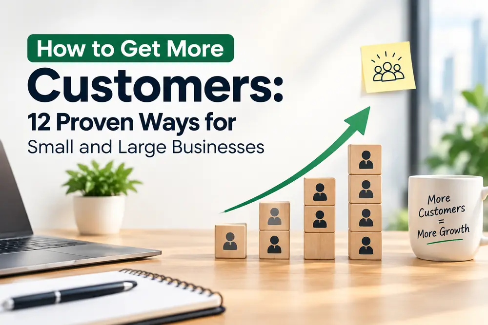 How to get more customers: stacked blocks with people icons and a rising green arrow