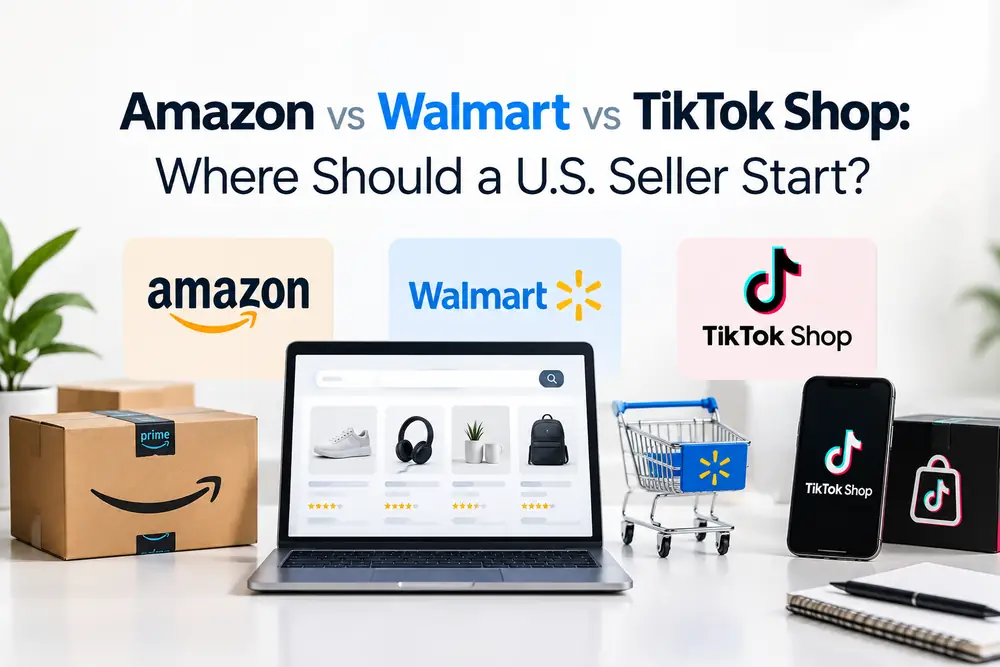 Amazon vs Walmart vs TikTok Shop cover: three marketplace logos above a laptop, shopping cart and phone