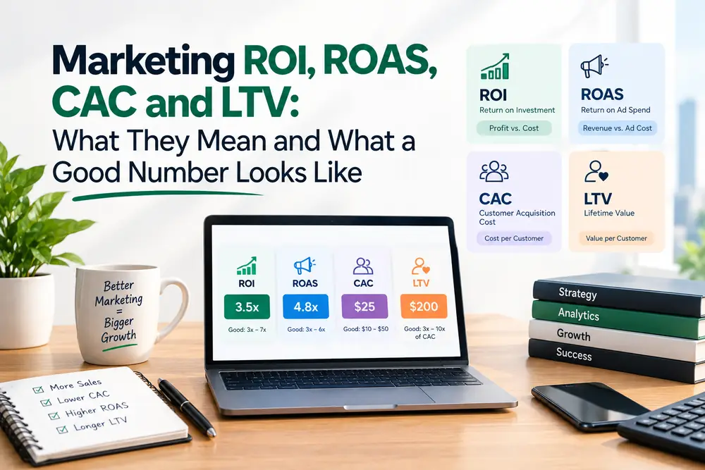 Marketing ROI, ROAS, CAC and LTV cover: four metric cards on a laptop screen beside a notebook and books