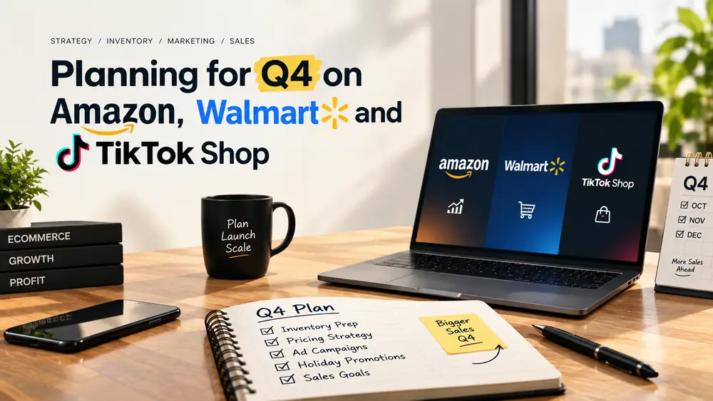 Q4 planning cover: laptop showing Amazon, Walmart and TikTok Shop logos beside a Q4 plan notebook