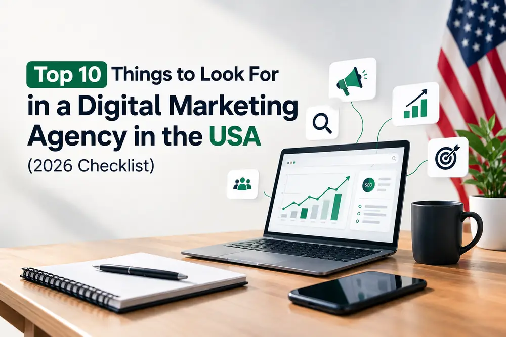 Top 10 things to look for in a digital marketing agency in the USA: laptop with a growth chart and marketing icons, with a U.S. flag